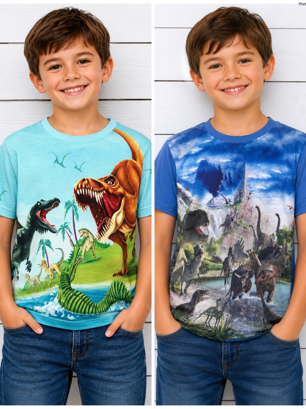 Boys Dinosaur Graphic Short Sleeve T-Shirt 2-Piece Bundle